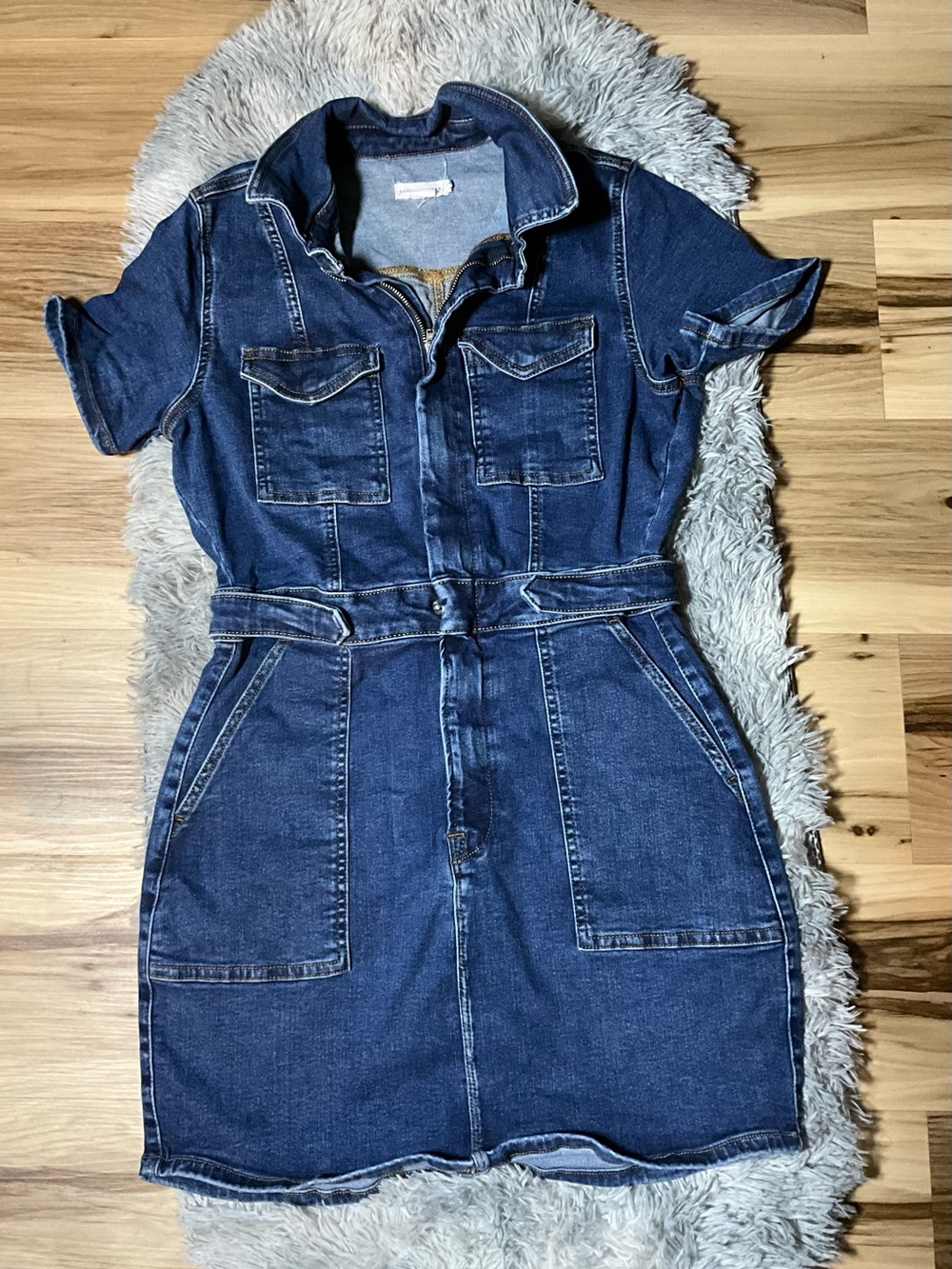 Good American Dark Blue Denim Short Sleeve Overall Dress